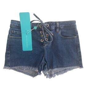 Melissa Odabash Alexi Lace-Up Denim Shorts NWT Size S Frayed Hem low cut Rise